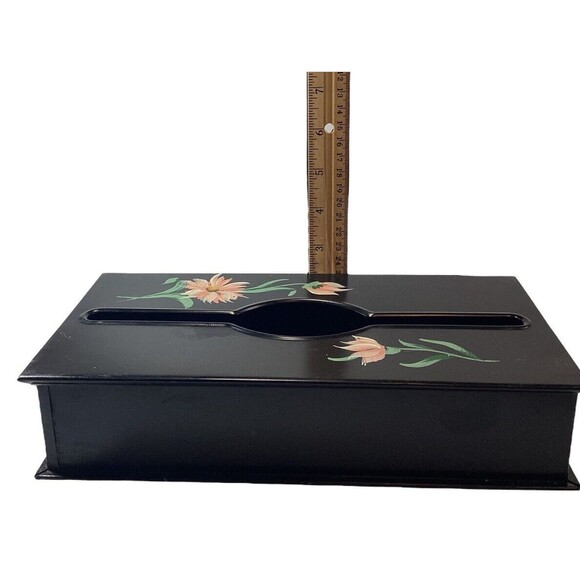 Toleware Black Metal Tissue Box Hand Painted Pink White Flowers Vtg 10.5 in - Picture 6 of 7